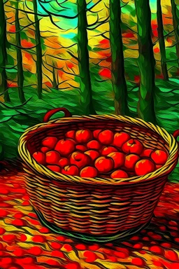 canasta de caperucita roja en primer plano en el bosque estilo van gogh