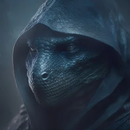 Close-up of Gorgeous dark hooded lizardman in dark night heavy fog