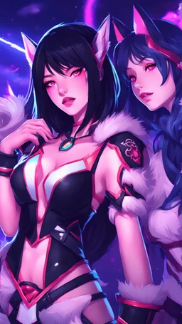 A close hot picture of Ahri with black hair and Clothes and nine Sia with neon glowing in fantasy world