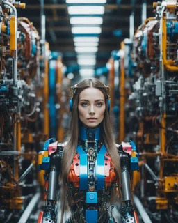 potrait cinematography colors a beautiful face woman long hair humanoid robot mechanical walking in between two rows of complex machinery with vibrant colors