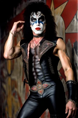 text 'KISS' - head and shoulders portrait, KISS - muscular 20-year-old Paul Stanley, Black star on right eye, Chest and stomach hair, rose tattoo on right shoulder, black spandex and leather, 8-inch high platform boots, - a multicolored cement wall in the background,