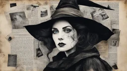 Witch, Collage. Beautiful portrait of a woman in charcoal and ink. Mixed media. Newspaper clippings, many photographs, love letters, Magazine style. Surrealism, Detailed. Alcohol ink. Worn texture. Crisp focus. Inked outlines. Hints of vibrant color. Authors: Katherine Welz-Stein and Sam Toft