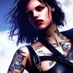 spanish illustrator, hyper realistic, young spanish girl, short hair. blue eyes. red lips. tatoos on neck. dressed in leather and metal bra. Tintoretto ships. pirate movies, high details, thunderstorm. 4k, unreal engine