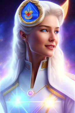 cosmic young woman admiral from the future, one fine whole face, large cosmic forehead, crystalline skin, expressive blue eyes, blue hair, smiling lips, very nice smile, costume pleiadian, rainbow ufo, Beautiful tall woman pleiadian Galactic commander, ship, perfect datailed golden galactic suit, high rank, long blond hair