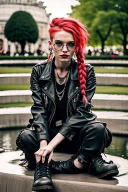 Gothic style rebel woman teenager, pretty and arrogant, red hair and black shiny round glasses, leather jacket, edgy bohemian outfit, combat boots, captivating grey eyes, white hair styled in intricate braids, playful and mischievous demeanor - depicted sitting at the edge of a fountain in a city green park, vibrant punk street fashionista, charcoal and ink