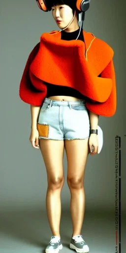 Korean, modern, beautiful woman,thick thigh, thick calves. Style futurism, 1990's, rough street style, Gamjan style.Mantle is sewed of recycled Denim and sewed together red felt pieces.Big headphones, with gold rings, is merged with small felt cap with small visor. A bag is integrated to the mantle. Patterns are composed of orange, cream, blue, lilac and purple. blue latex somewhere. It is with big bright purple felt tippet and cream-colored-hood. mantle is merged with tippet.