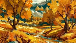 a ultra realistic autumn landscape with metallic gold leaf in style of van gogh