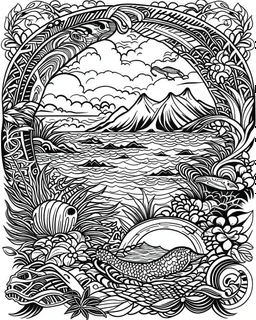 coloring pages for kids,Pacific island shaped logo Japanese ink painting, muted colors, including Dark black highlights to draw attention , rice paper texture, splashed paint, tropical beach, paradise, sea turtles, yellow sun, a Polynesian warrior , Art drawing ; ink , super detailed, text a the bottom “Tonga”, anime cartoon style, thick lines, low detail, black and white, no shading, --ar 85:110