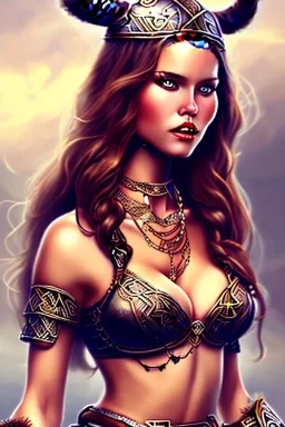 viking milf, brunett long hair, warrior princess, nacht, große oberweite, corsage, necklace, fantasy art