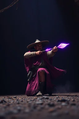 purple magic neon arrow flying, magic swirl, strong winds, true grit, Mexican native stand off fast draw poncho cowboy wizard on knees hurt punching fire ball whip while taking sight wand slinger, in dark cave ,bokeh like f/0.8, tilt-shift lens 8k, high detail, smooth render, down-light, unreal engine