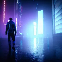 afterlife in the digital void, thriller vibe, 4k, moody cinematic lighting, realistic, highly detailed, blade runner style, blue and purple, highly detailed, conceptual art, volumetric, octane render, unreal engine, extreme detailed, dust in air