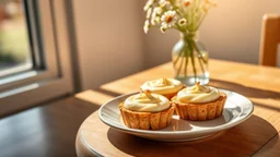 close up three delicates tart cakes filled citrone creme up erdbeer, on a nice ceramic plate on a wooden table. professional food photo, Natural, warm sunlight streams in from a window on the left, casting pleasant shadows and creating a cozy, vase with meadow flowers, relaxed morning atmosphere