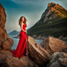 pretty dream houses in rocky mountain in wavy sea side,18 years old cute and adorable polish model standing on the rocksextremely detailed beautiful face, in hot colors adorned sapphire and gold one strap dress, wearing sexy in fashion sfilate decorated, elegant wavy hair, porcelain pale skin, shiny red lips, bright red hair, front face, right side look, beautiful smile look camera, sexy detailed elegant dress, the lens is in the left corner, ultra focu