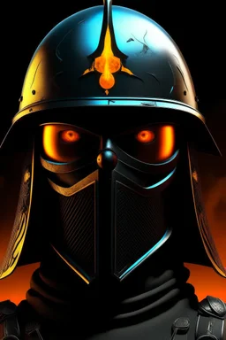 Iranian empire A commander wearing a matte black helmet with flaming eyes with flaming light blue pupils