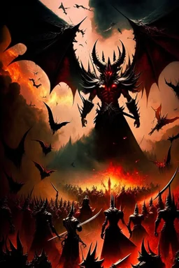 The war of angels and demons in heaven Sauron, the lord of darkness, with the devil and his army, in the land of destruction