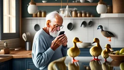 confused older man using cellphone in his kitchen telling the many ducks that surround him to "go away"