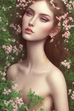 very nice real face beautiful sexy roman with make up standing in garden of Pomegranate and pear trees blossom, The almond trees wither, It's spring and it's summer, spring with green plants covering ground.