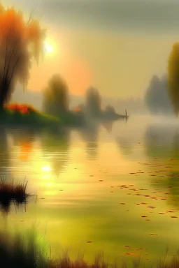 fogy lake at sun rise Monet painting style