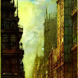 Corner building Metropolis, detailed facades ,dark colours, watercolor, by john atkinson Grimshaw, detailed painting,matte painting, alphonse mucha, greg rutkowski