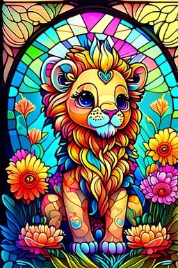 colorful kawaii cute splendid lion cub, perfect flowers, bright deep vibrant color, high detail, 3D vector art, cute and quirky, fantasy art, centered, in frame, stained glass