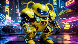 A masterpiece, conceptual, full-body digital photo of a prototype, experimental::PAC-MAN:: in a live-action pose, glossy yellow armor customized with colorful gaming graphics and intricate neon light accents, and enhanced with deadly cybernetic upgrades, with illuminated eyes looking at the camera, in a cyberpunk background, Pascal Blanché and Syd Mead art styles, ultra-detailed, sci-fi, cyberpunk, game art, intricate details, HDR, beautifully shot, hyperrealistic, sharp focus, dim foul lighting