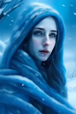 a fantasy book cover, books name is The Winter’s Song, It is a cold blue colored and simplistic cover, dramatic cover, empasizes on the snow and Turkish style of the story, fantastical,