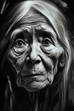 A surreal digital painting of an old woman's face abstract black and white brushstrokes and pixelated glitches. Her eyes looking up , looks sad as if lost in a dream or transcending reality. The background is minimalist, emphasizing the contrast . High-detail, high-resolution, monochrome with soft lighting and dramatic contrast.