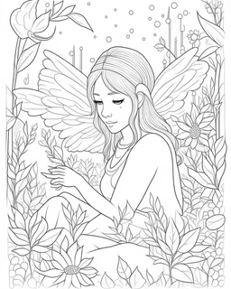 FAIRY SNOW GARDEN, full view, realistic face, coloring page, only draw lines, coloring book, clean line art, –no sketch, color, –ar 3:4, white background, minimalistic black lines, minimal black color, low level black colors, coloring page, avoid thick black colors, thin black line art, avoid colors, perfect shape, perfect clear lines,