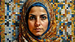 Medium‑shot portrait of an adult Middle Eastern woman, partially hidden within a ceramic‑mosaic background that mirrors the colors of her clothing. Tempera painting style inspired by Islamic decorative arts.