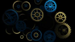 Gears with interlocking sprockets, in shades of cobalt, slate and sky blue and on a black background, make up an abstract horizontal composition. Circles and straight and curved lines are grouped around and over the gears, and are drawn in metallic gold against the dark background, but continue in black where the gears intersect.