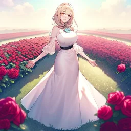 beautiful anime girl wearing a yellow and white dress ,standing in a meadow of flowers, spreading rose pedals on the ground. beautiful eyes and a stunning smile