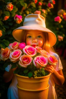 A little girl from Russia at the age of 7 years holds a lot of roses and puts them on her face, and she wears a white Bucket Hat, she puts the roses in front of her face, so her face does not appear, so her face does not appear,(Many Flowers: 1.2), Soft Light, Golden Hour, Upper Body, HDR, 8k, Natural Skin Texture, AO, Intricate, Highly Detailed, Sharp Focus, Crazy Detail, Intricate Detail, Highly Detailed ,The girl looked down