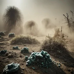 A striking quality photograph captures a wasteland with monsters and group of plants, creepy, details of the dust very accentuated, glossy organic mass, adorned with minerals and rocks. Bathed in intense light, eerie, Max Ernst style, sun, fog, volumetric light