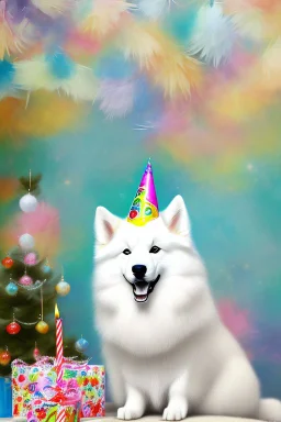 Cute, fluffy, happy looking white Samoyed dog, with a small and cute Corgi sitting next to it, colorful, summer time, birthday, festive atmosphere, detailed, congratulating