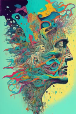 "Chaos Is Our Mental State"; Side Profile Of A Human Head Full Of A Chaotic Whirlwind Of Faces, Symbols, Words, And Products; Pop Art; Surrealism; Salvador Dali, Alex Pardee, Insanely Detailed; Intricate; Award-Winning; Bright Pastels