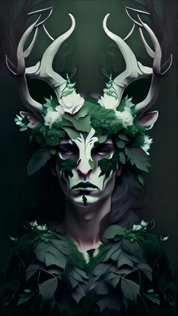 beautiful human with big horns made from ivy and white flowers, front facing dark smooth colors, forest green background,