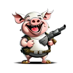 Little pig laughing, armed with a gun, cartoon style, James Bond style, vivid and dark colors, white background, 32k UHD