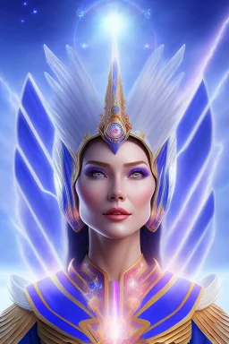 cosmic woman admiral from the future, one fine whole face, large cosmic forehead, crystalline skin, expressive blue eyes, blue hair, smiling lips, very nice smile, costume pleiadian, rainbow ufo