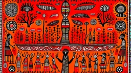 prehistoric religious ritual with Psilocybin in style of Warli painting orange, red to black