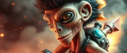 close up portrait with fine pores and real skin texture, clear transparent skin, wise eyes, hairy macho disco kiwi alien pimp indian Homunculus – living in a hi tech marvellous hot dog art graphics and gems on rocket with a mounted sling shot mega harpoon, heading for venus , background motion blur and smoke swirls