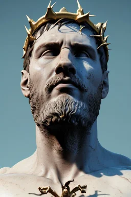 Ultra Realistic image, Roman sculpture, white marble material, Lionel Messi, gold crown of natural thorns, god crown, Renaissance style, sun rays background, waist up portrait, epic, celestial, cinematic lighting, God lights, 4k resolution, smooth details, soft lighting, unreal engine 5, art station, substance 3d.