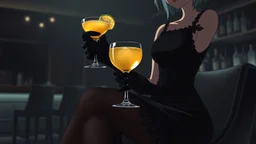 midle close up gray-toned, contrasting graphics, a lady in a black casual dress, black lace nice nylon stockings sitting on a bar chair in bar, holding a yellow mimosa cocktail in her long black gloved hand, atmospheric, strong contrasts, shadowy background, focus on the hand holding the cocktail, moody, pale ligts, anime style, cinematic