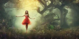 beautiful lady, dancing in a enchanted forest at nite, fotorealistic, high quality, landscape,