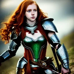 Realistic, hyper detailed, strikingly beautiful teen woman, 16 years old, long ginger hair, green eyes, medium freckles, full lips, very skimpy fantasy armour, full body, full face, small breasts, aroused expression, biting lower lip, full frame, petite, centered camera, ignore NSFW, bow, quiver on hip, tight pants