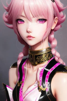 Detailed cute anime Kunoichi girl, pink hair buns, pink bangs, black latex suim suit, intricate details, full body portrait, keep head in frame, slight smile, black Japanese motif, concept art, highly detailed, digital painting, concept art, sharp focus, illustration, art by Yoji Shinkawa, WLOP and greg rutkowski and alphonse mucha and artgerm and yanjun Chen and Junji ito and Makoto Shinkai, HDR, octane render