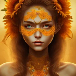 sunflower marigold goddess, beautiful face, dress, brown hair