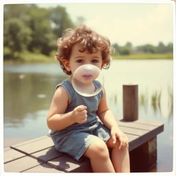 Nostalgic poloroid photograph of a precoscious child with curly hair blowing a bubblegum bubble while sitting on a small dock of a summertime pond,