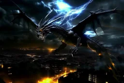 black dragon flying across the city at night dark fantasy lightening