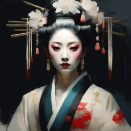 Jeremy Mann style painting, Oiran portrait, white make up on her face, traditional Kimono, digital matt painting, Jeremy Mann style, with rough paint strokes