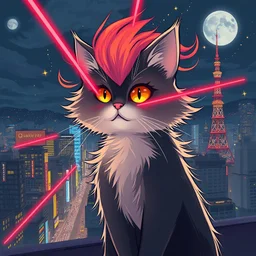 Cats hair emo flam , Lazer eye , Tokyo city night view wallpaper , cartoon